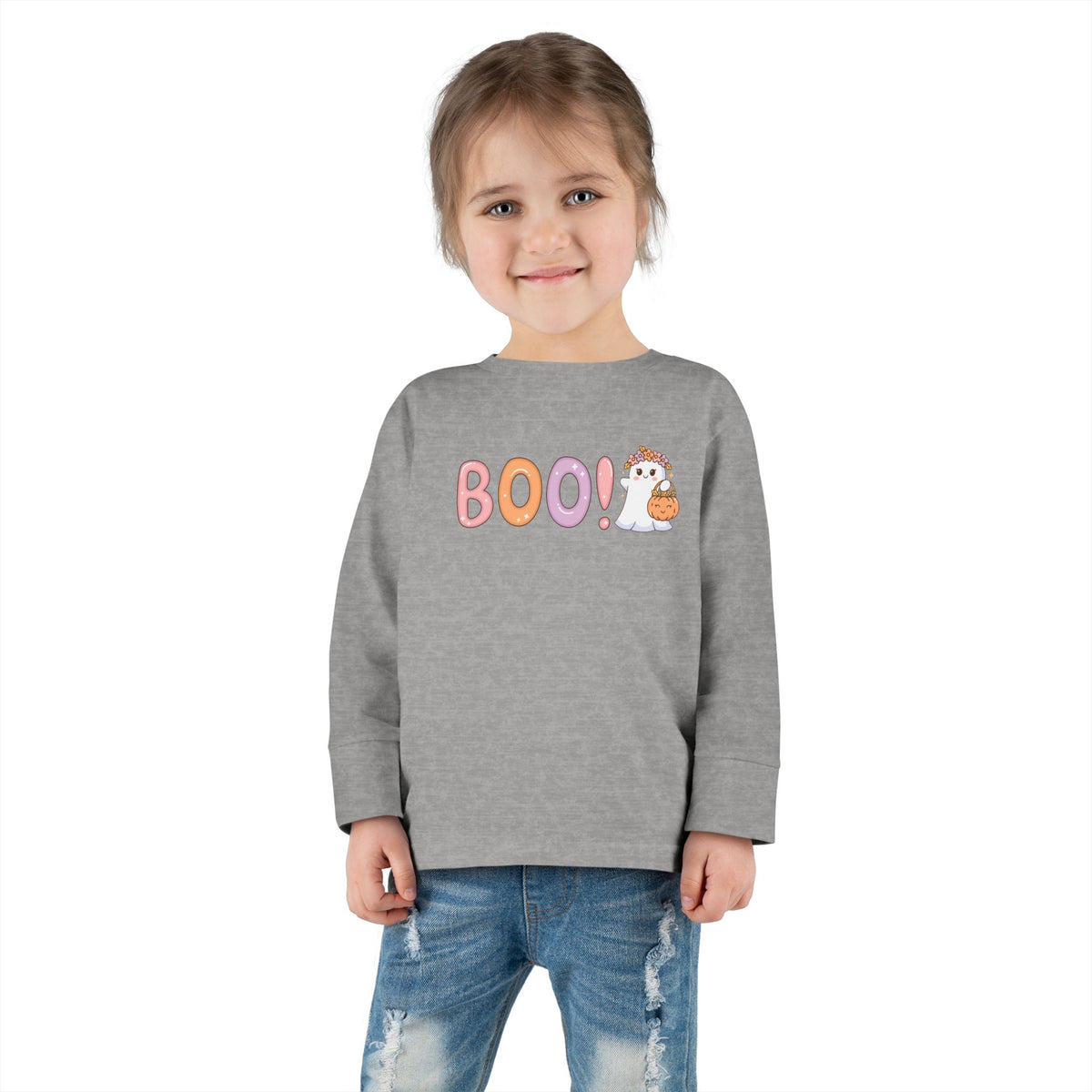 Toddler Long Sleeve Tee — Cute "Boo!" Halloween Ghost & Pumpkin Shirt