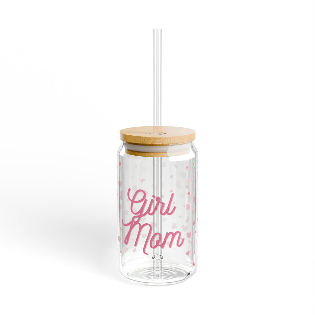 Girl Mom Sipper Glass - 16oz Heart Pattern Bamboo Lid Straw Cup